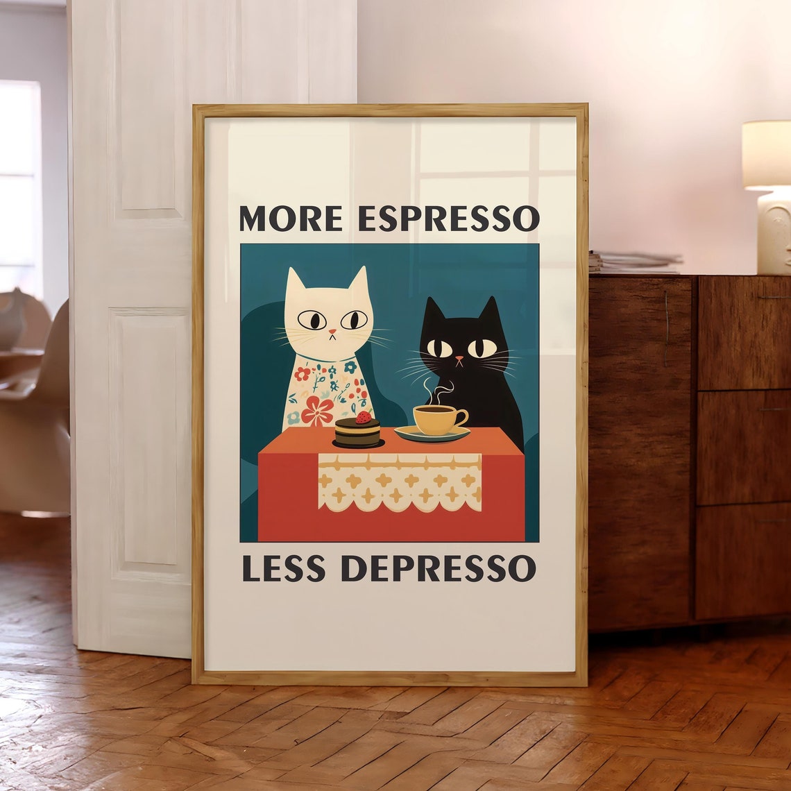 More Espresso Less Depresso Poster Funny Black Cat Print Kitchen Wall Art Coffee Bar Retro Optional Frame
