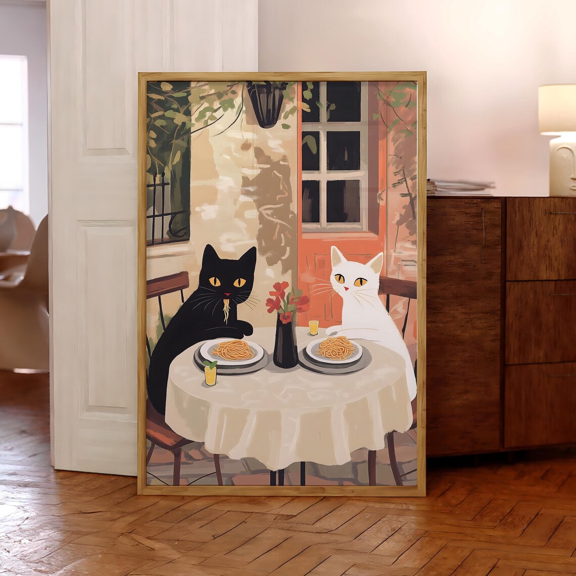 Romantic Cats Sharing Spaghetti At Italian Cafe Cute Couple Date Poster