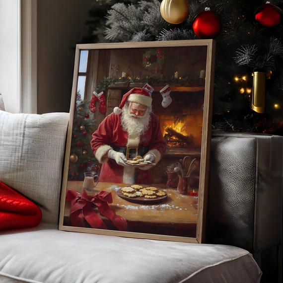 Santa Claus Baking Christmas Print Funky Retro Poster Vintage Holiday Wall Art Optional Frame