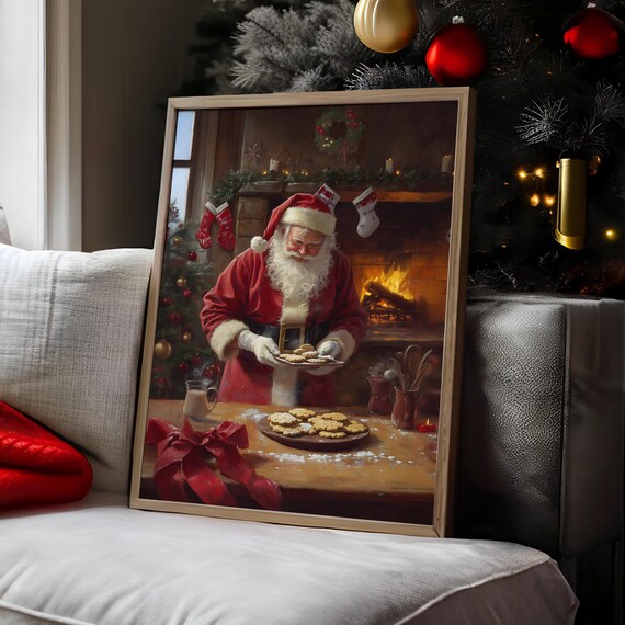 Santa Claus Baking Cookies Christmas Kitchen Fireplace Wall Art