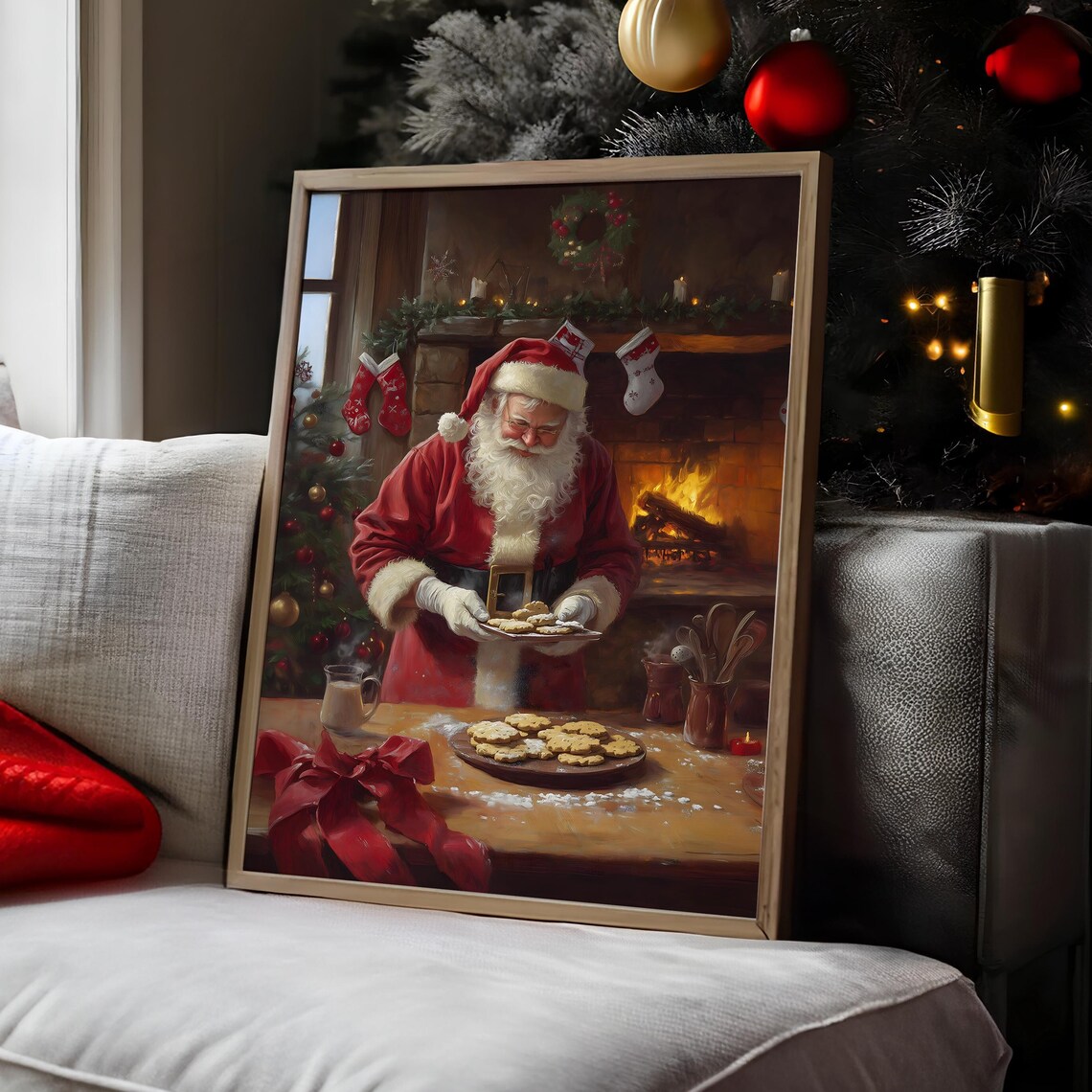 Santa Claus Baking Cookies Christmas Kitchen Fireplace Wall Art
