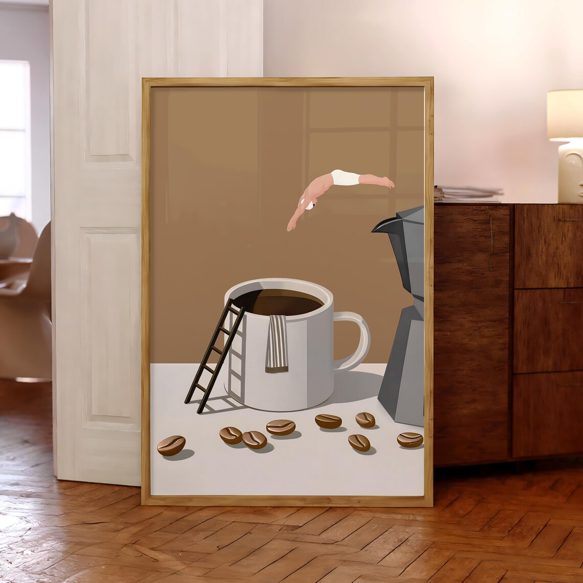 Coffee Diver Surreal Minimalist Espresso Art Print