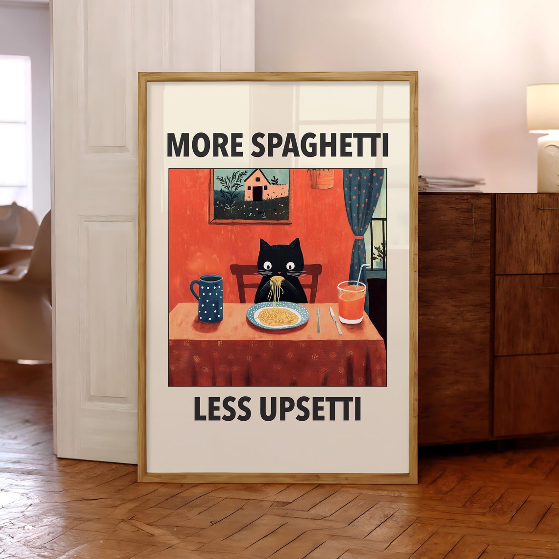 More Spaghetti Less Upsetti Cat Poster Funny Black Wall Art Retro Diner Pasta Print Italian Kitchen Digital File