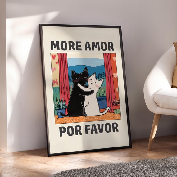 Cat Love Poster More Amor Por Favor Print Funny Wall Art Retro Minimalist Cute Cats Lover Decor Digital File