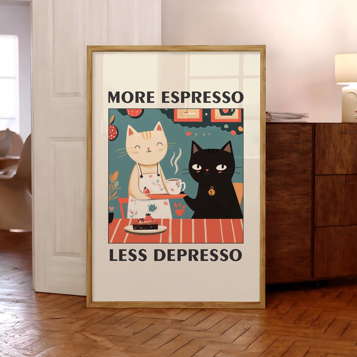More Espresso Less Depresso Retro Coffee Cat Poster