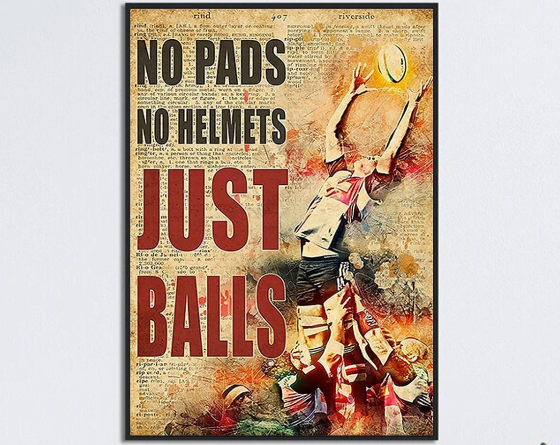 No Pads No Helmets Just Balls Rugby Player Catching Vintage Poster