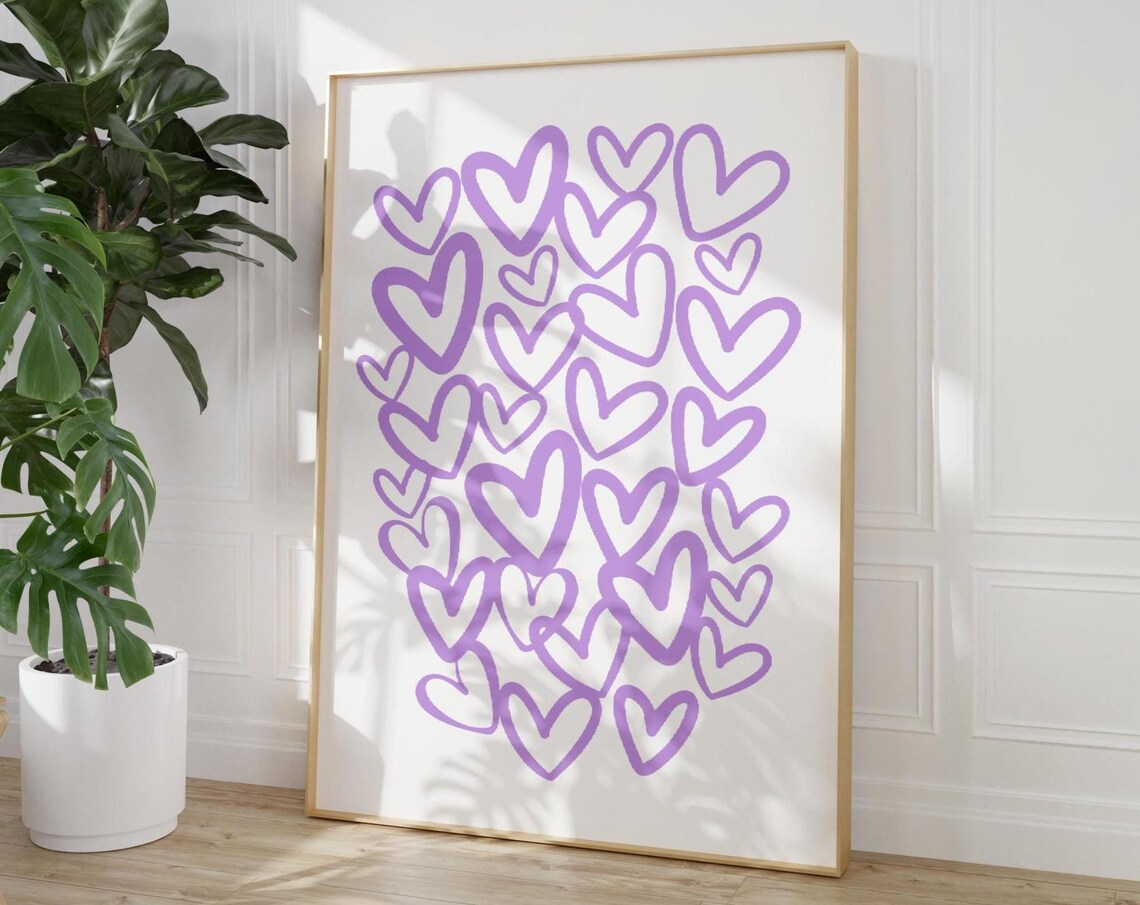Lilac Hearts Doodle Poster Purple Love Heart Pattern Preppy Room Decor - Image 3
