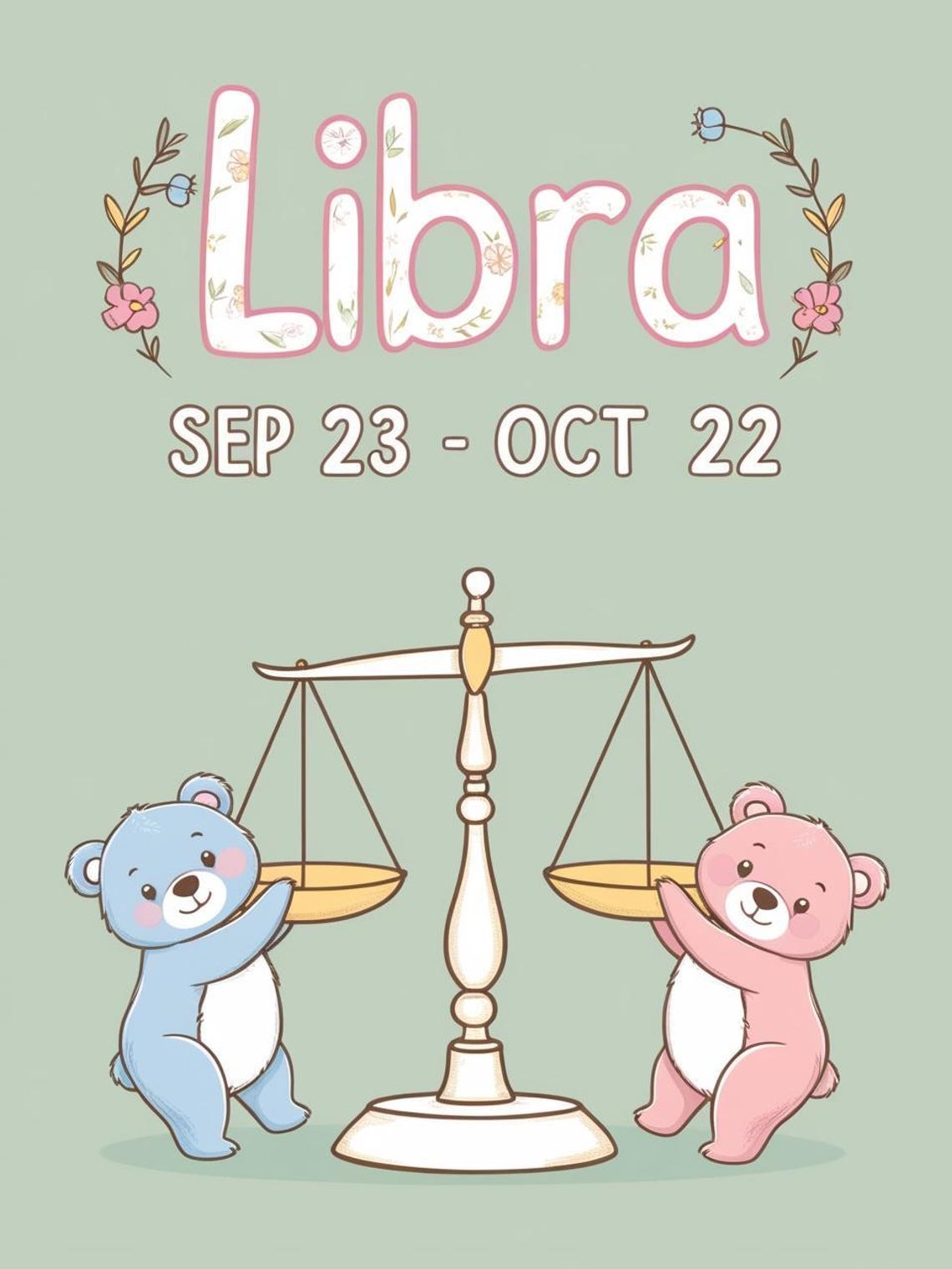Libra Zodiac Nursery Print Cute Bears With Scales Star Sign Decor - Image 3