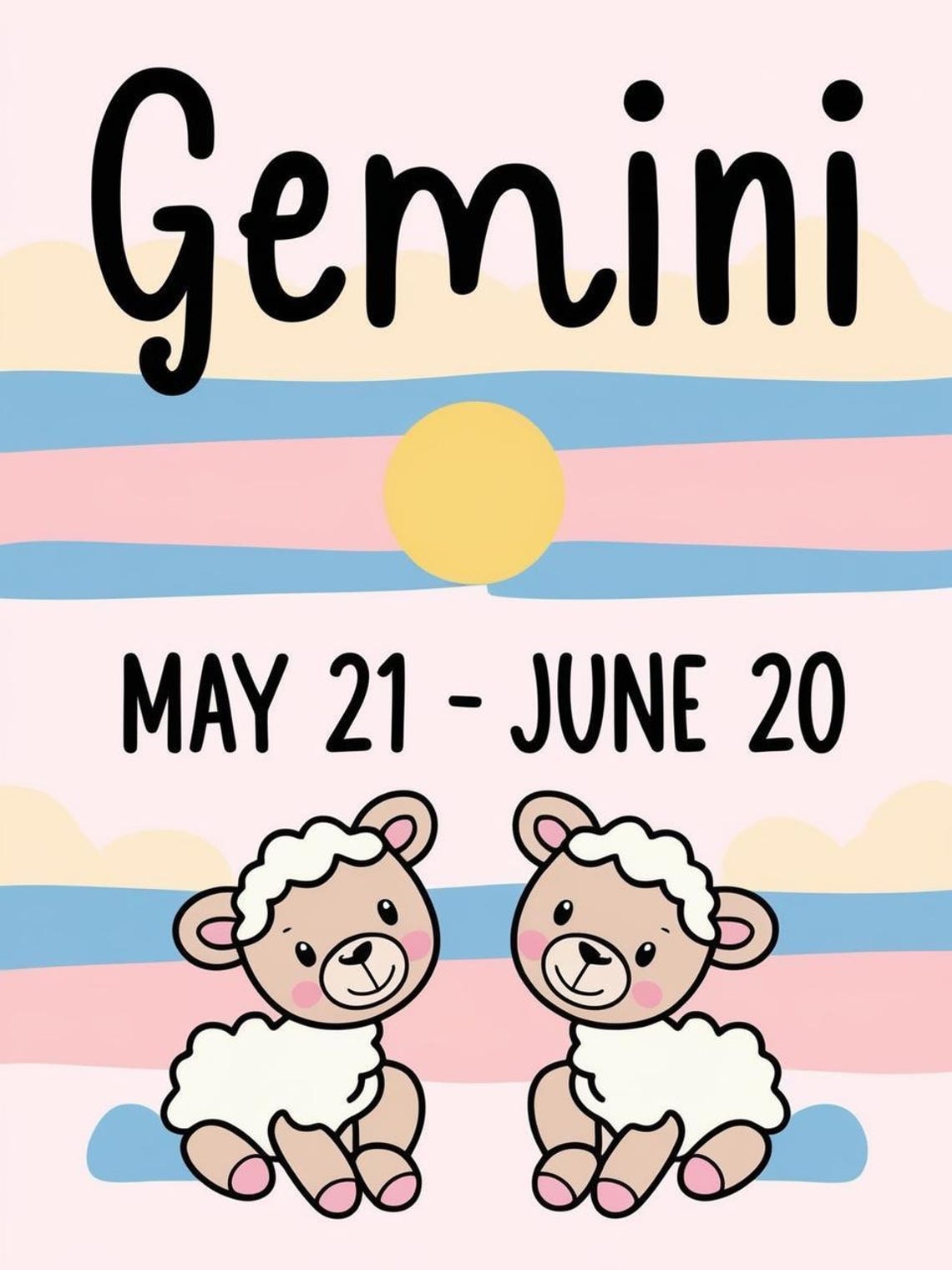 Gemini Zodiac Nursery Poster Cute Twin Lambs Pastel Kids Room Decor - Image 3