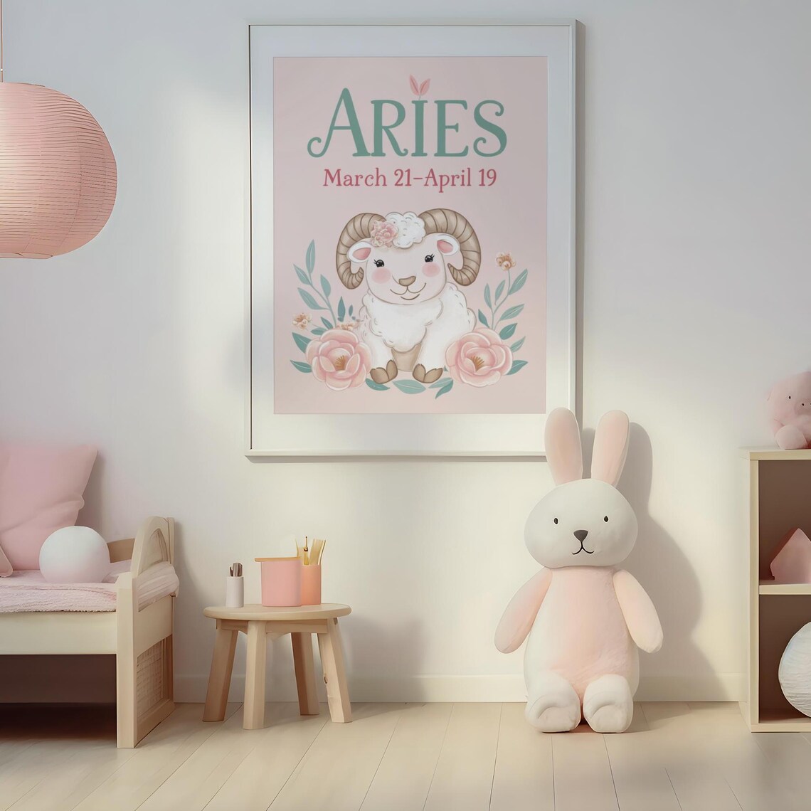 Aries Zodiac Nursery Print Cute Floral Ram Blush Baby Room Decor - Image 2