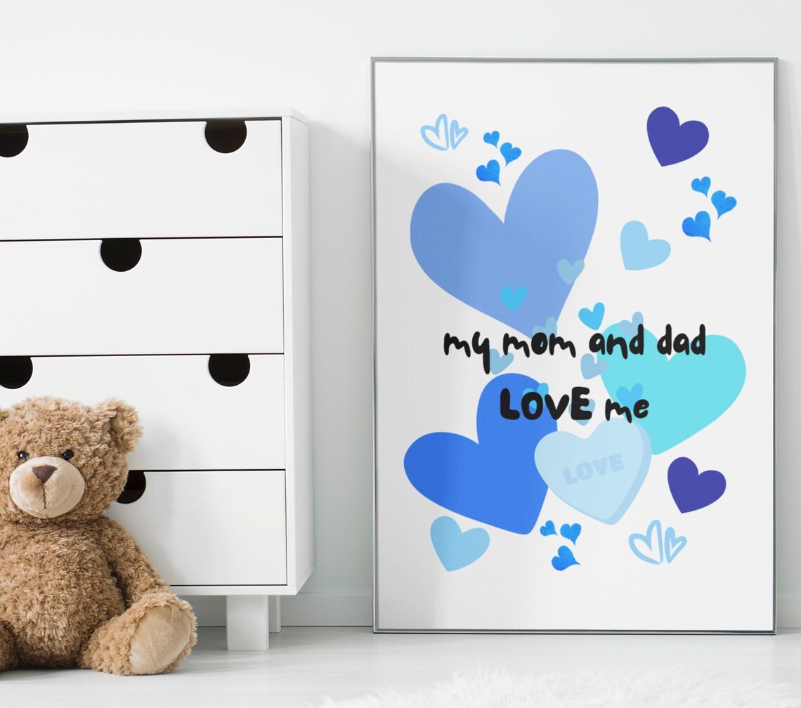 My Mom And Dad Love Me Blue Hearts Nursery Kids Room Wall Art - Image 2