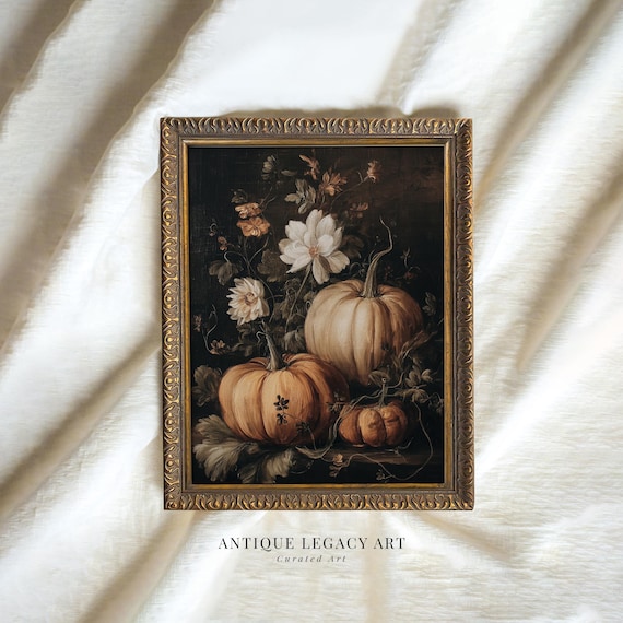 Vintage Floral Autumn Pumpkin Print Fall Botanical Painting Wall Art Rustic Farmhouse Harvest Kitchen Decor