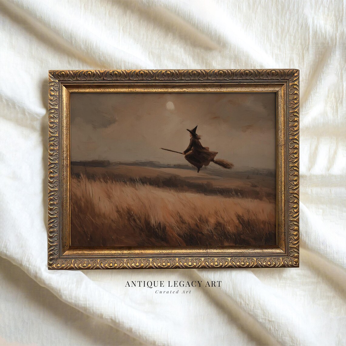 Halloween Witch Flying On Broom Painting Print Spooky Dark Academia Wall Art