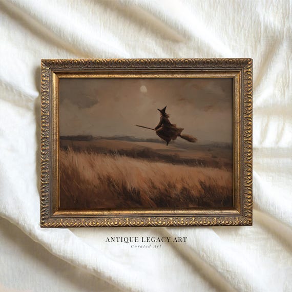 Halloween Witch Flying On Broom Painting Print Spooky Dark Academia Wall Art