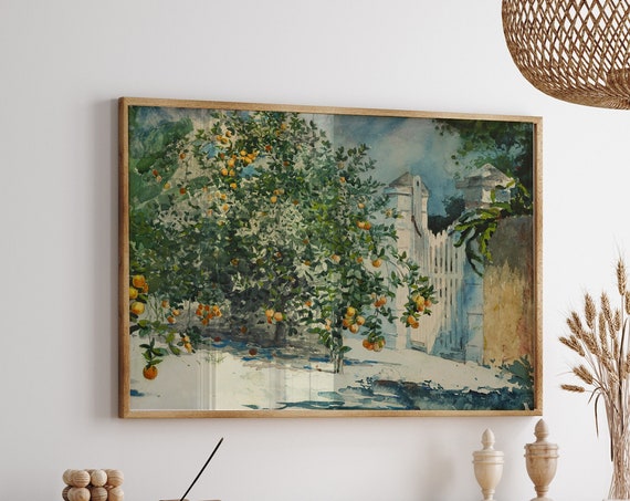 Vintage Orange Tree Spring Painting Antique Mediterranean Wall Art Summer Garden Landscape Watercolor Print