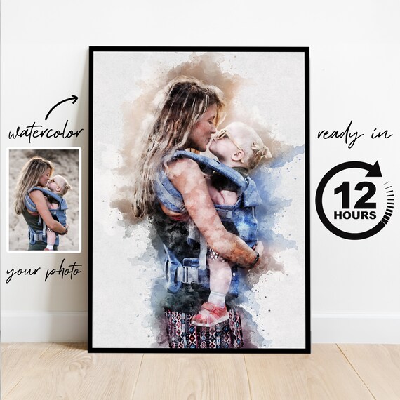 Custom Watercolor Mother and Baby Portrait from Photo Art Poster