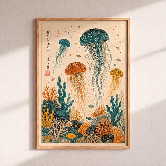 Japanese Jellyfish Art Print Vintage Woodblock Style Coastal Wall Decor Ocean Coral Reef Poster Blue Orange Nautical Gift