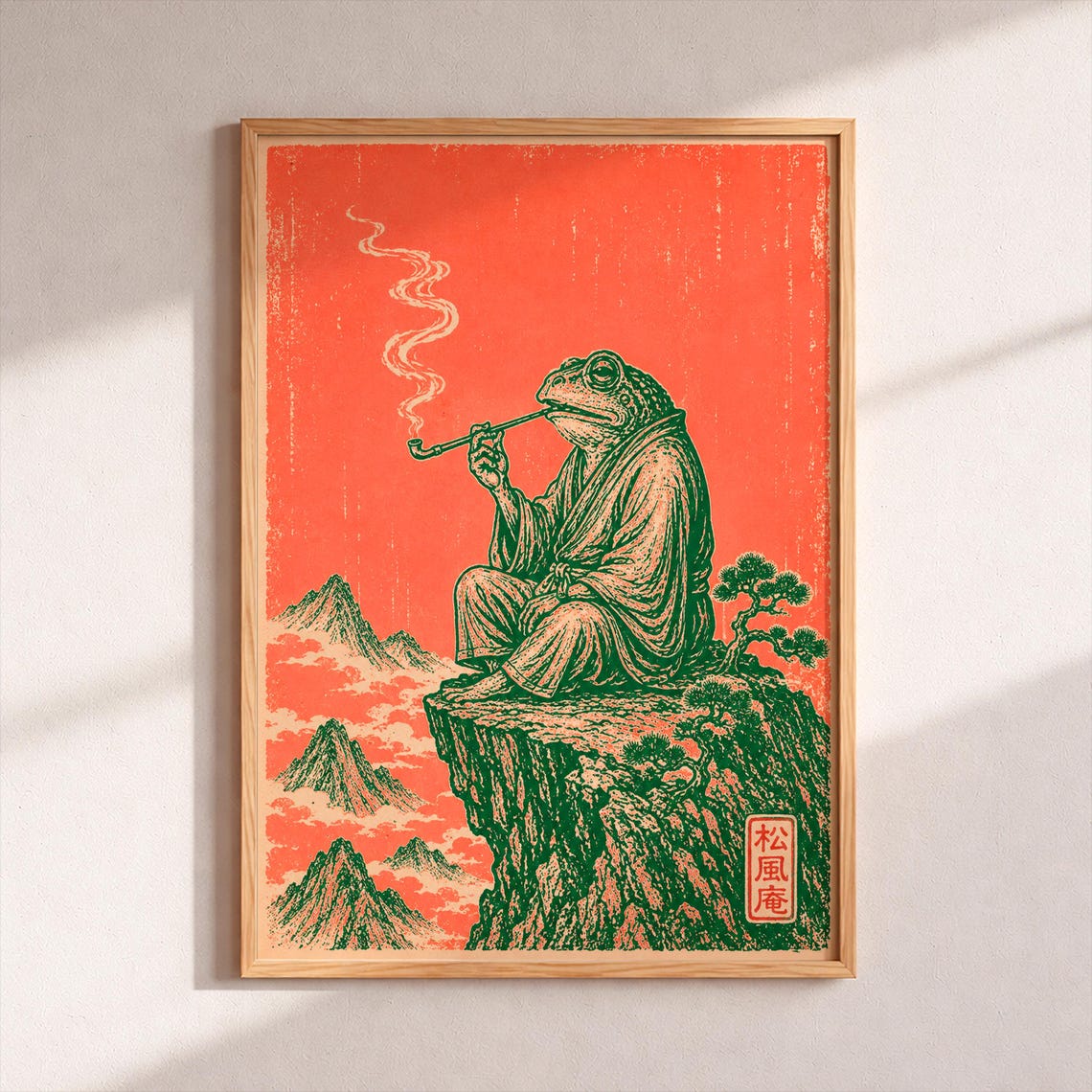 Japanese Frog Smoking Pipe On Mountain Cliff Woodblock Style Poster