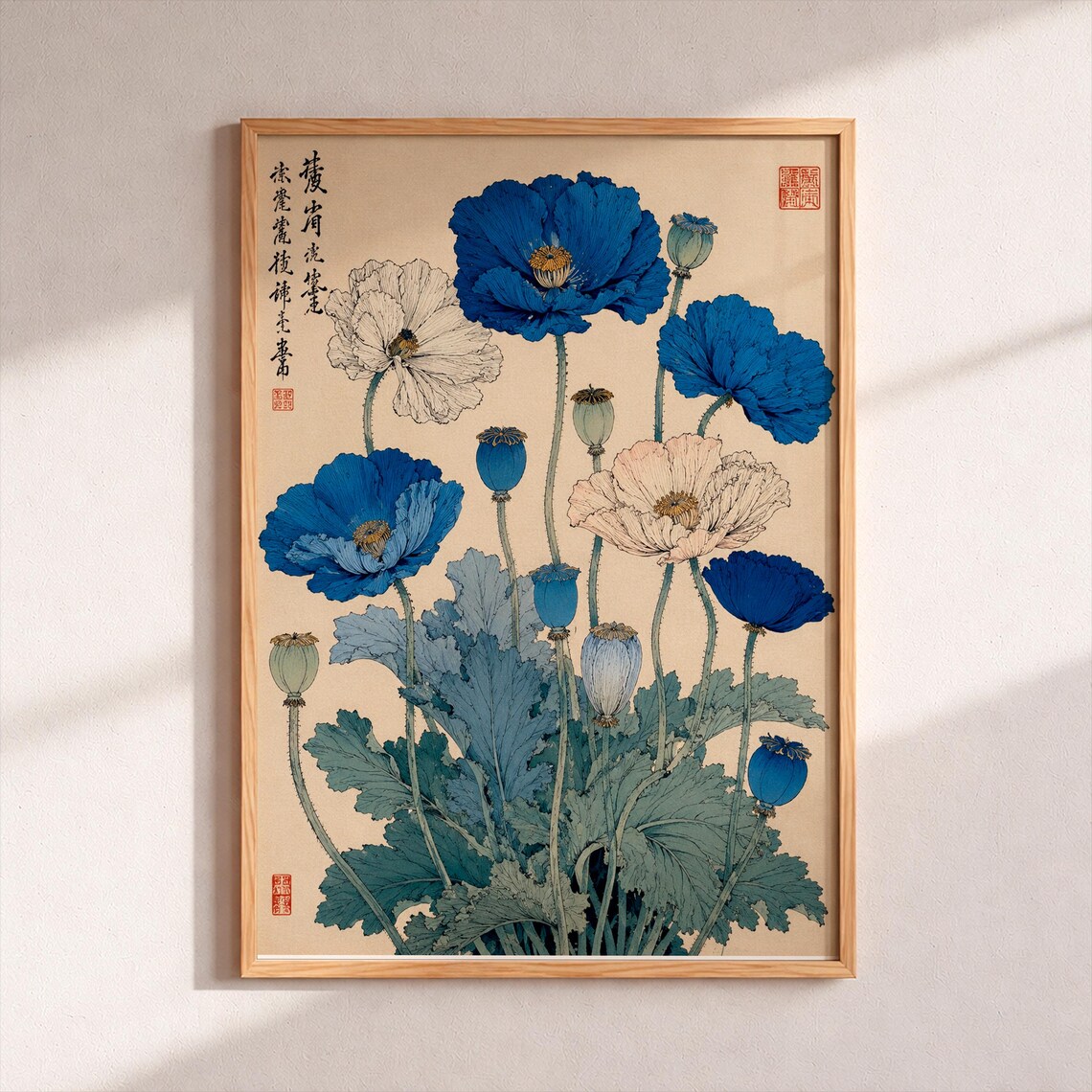 Blue Poppies Japanese Woodblock Style Floral Vintage Asian Art Poster