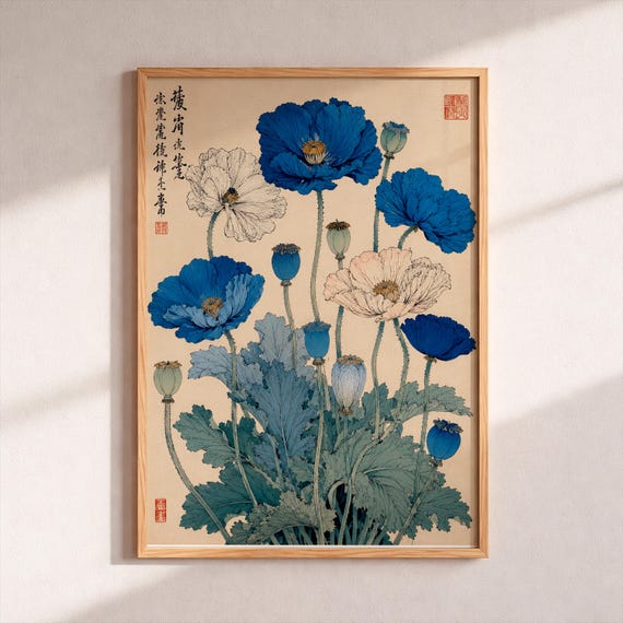 Japanese Blue Poppy Wall Art Print Ukiyoe Poster Vintage Asian Flower Illustration Retro Botanical Picture Antique Oriental Room Decor