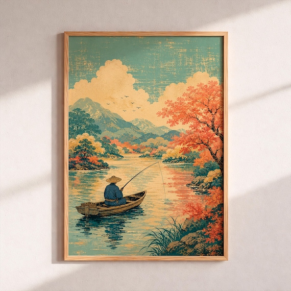 Japanese Fisherman Vintage Autumn Lake Poster
