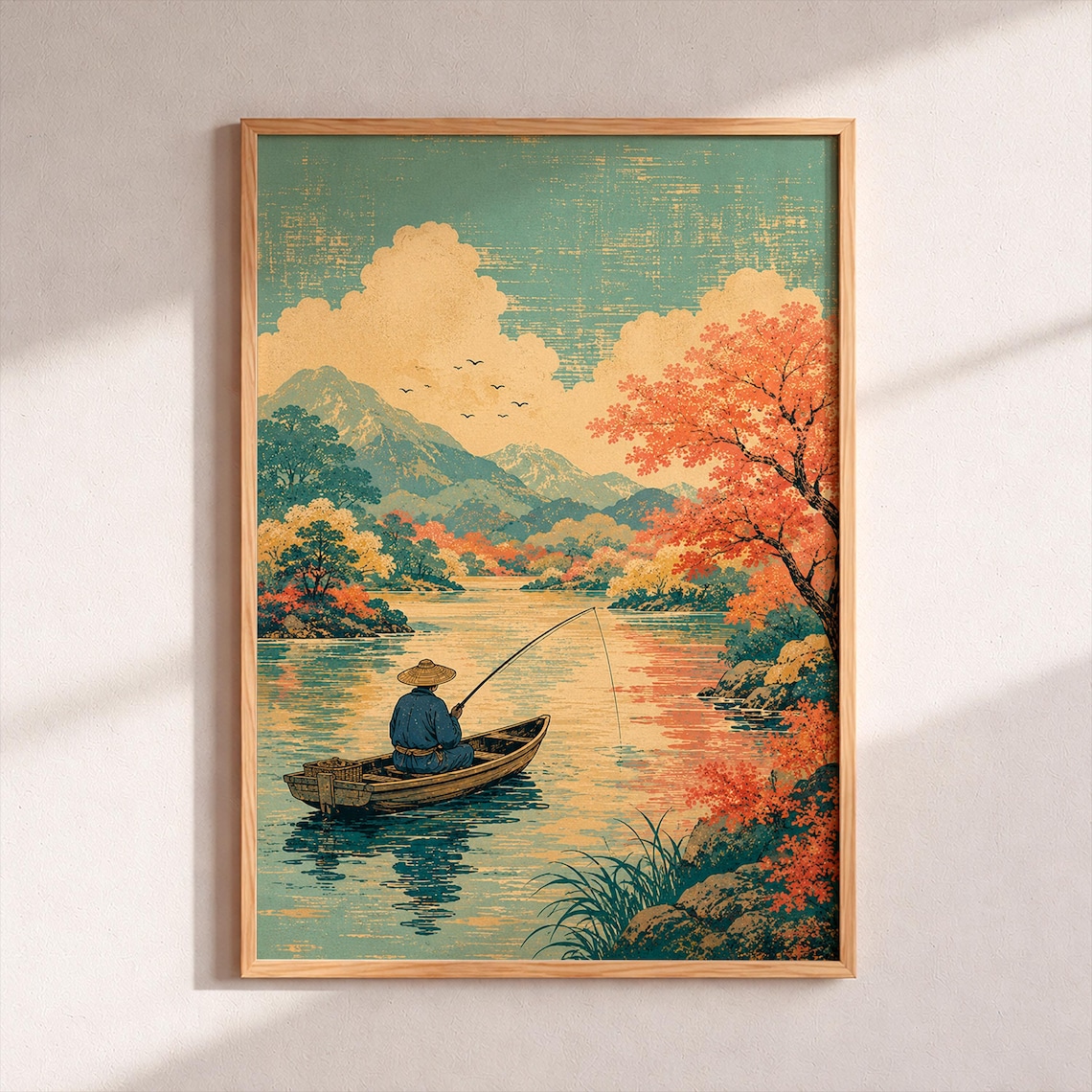 Japanese Fisherman Vintage Autumn Lake Poster