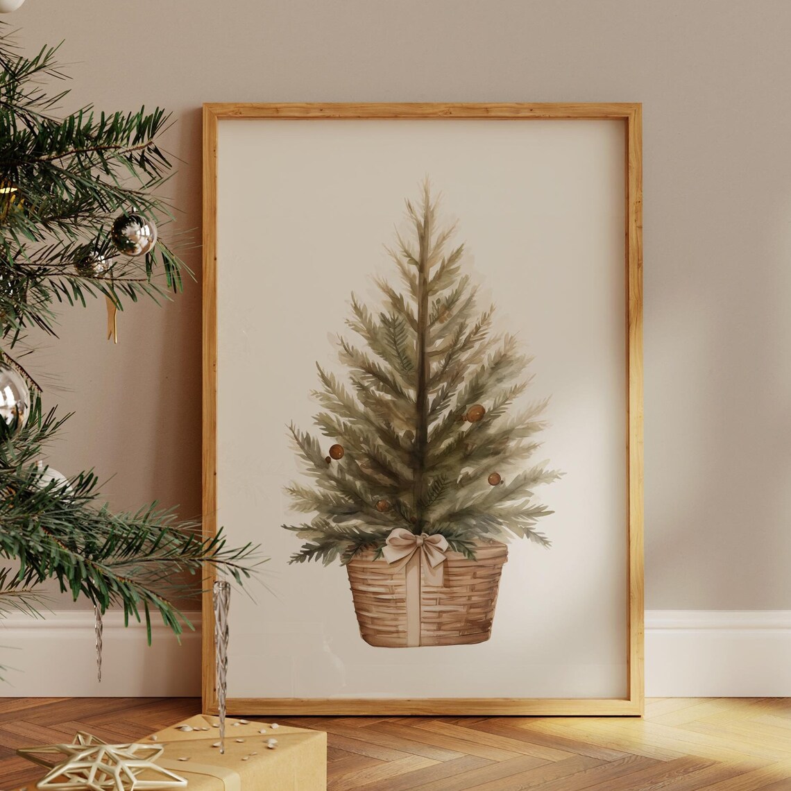 Watercolor Christmas Tree in Woven Basket Neutral Holiday Wall Art - Image 5