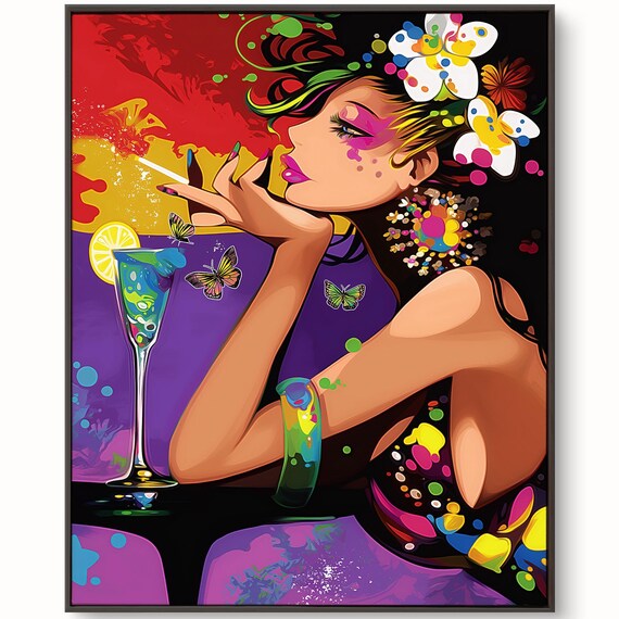 Pop Art Woman Butterflies Cocktail Glass Colorful Portrait Poster