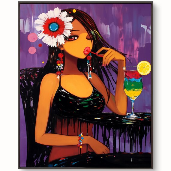 Pop Art Woman Flower Hair Cocktail Bar Colorful Portrait Poster