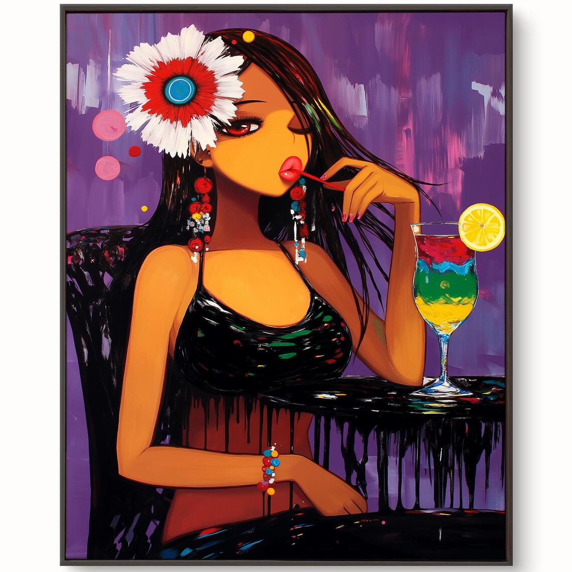 Pop Art Woman Flower Hair Cocktail Bar Colorful Portrait Poster