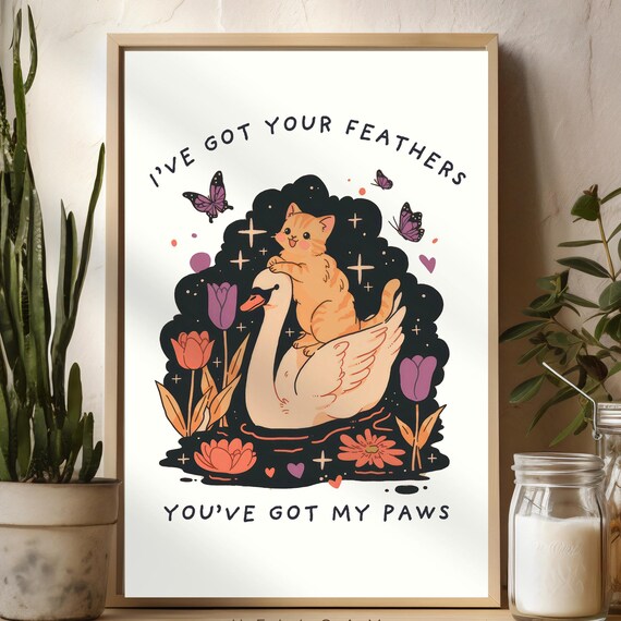 I've Got Your Feathers Kitten Riding Duck Cute Friendship Poster