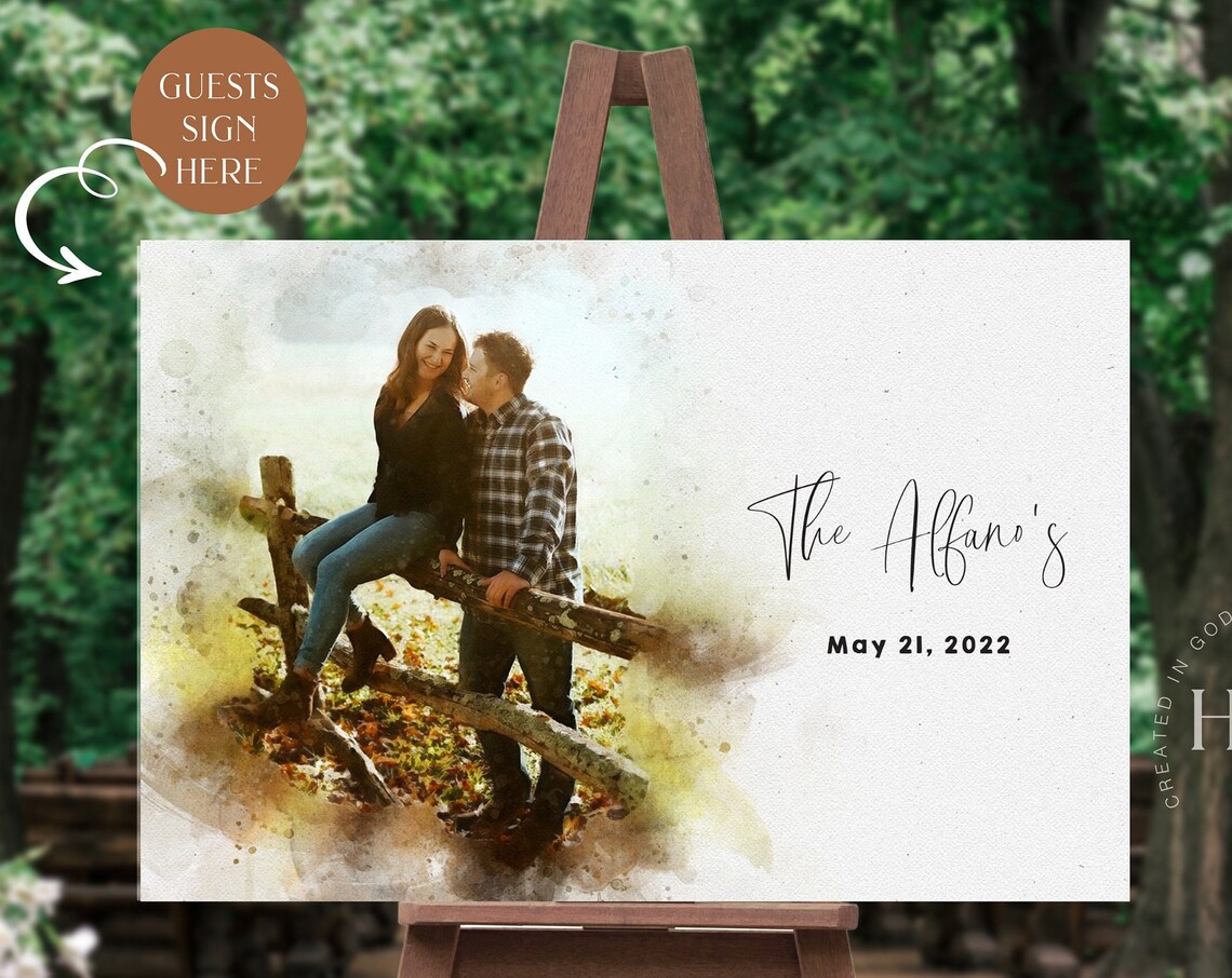 Custom Watercolor Rustic Fence Couple Guest Book Sign Board Poster
