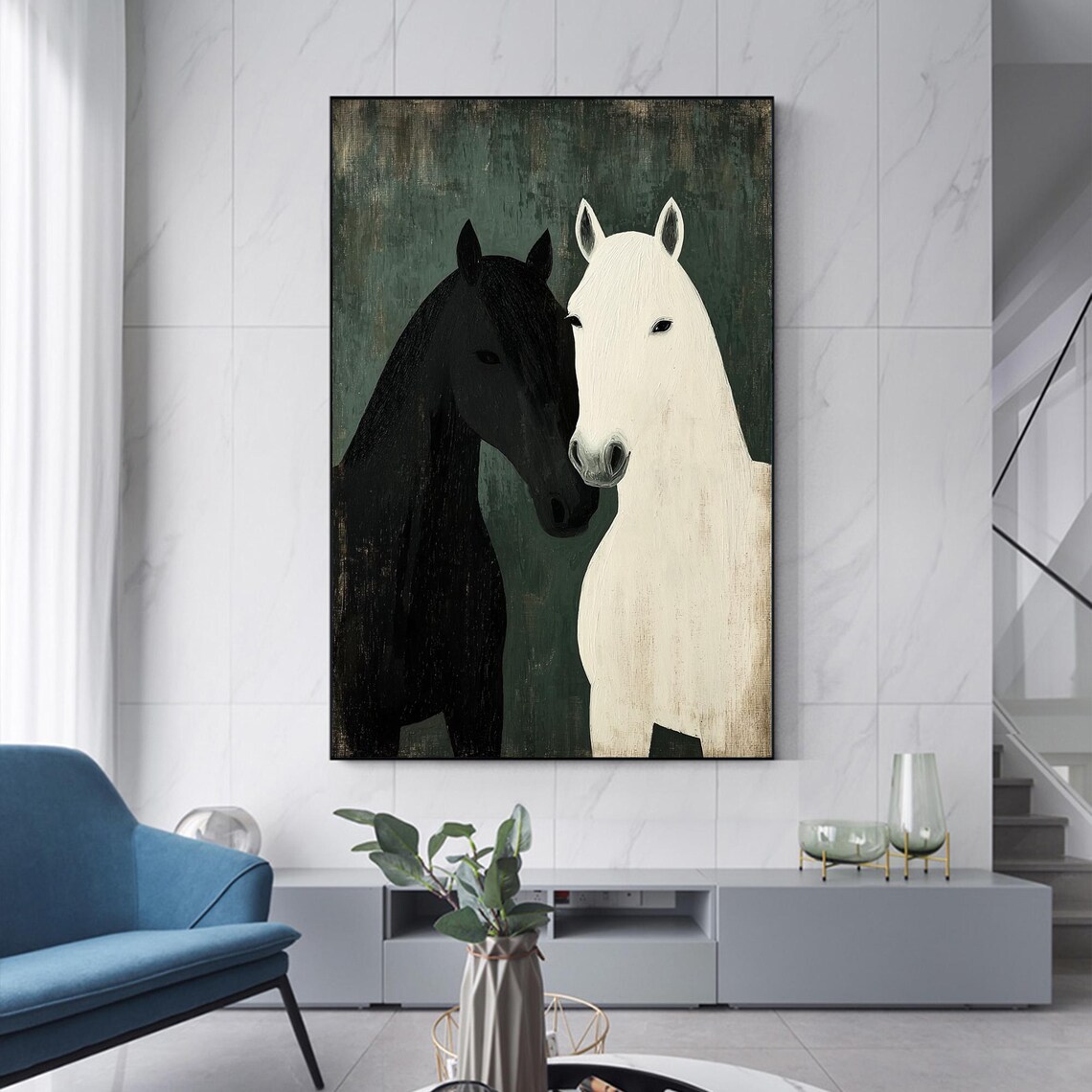 Black and White Horses Minimalist Animal Oil Painting Poster - Image 2