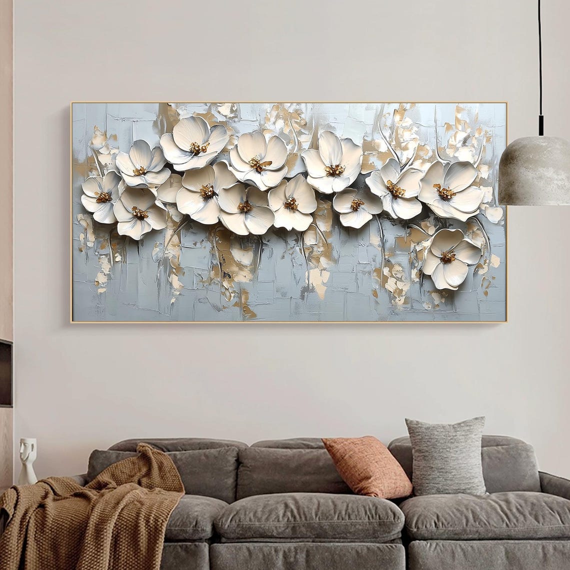 White 3D Flower Garland Draped on Pale Blue Grey Floral Wall Art - Image 2