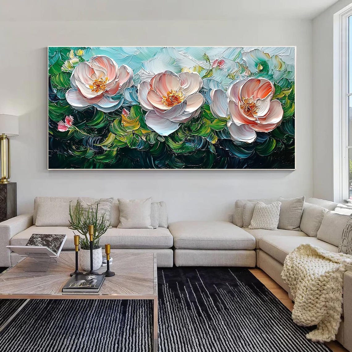 White Pink Peony Trio Blooming on Green Swirl Floral Wall Art - Image 5