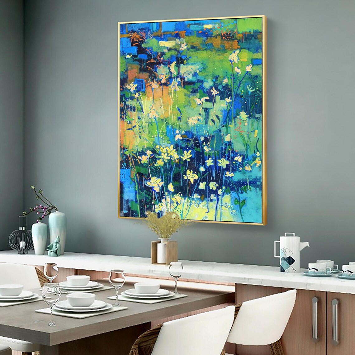Abstract Vertical Garden With Yellow Wildflowers On Blue Green Poster - Image 4