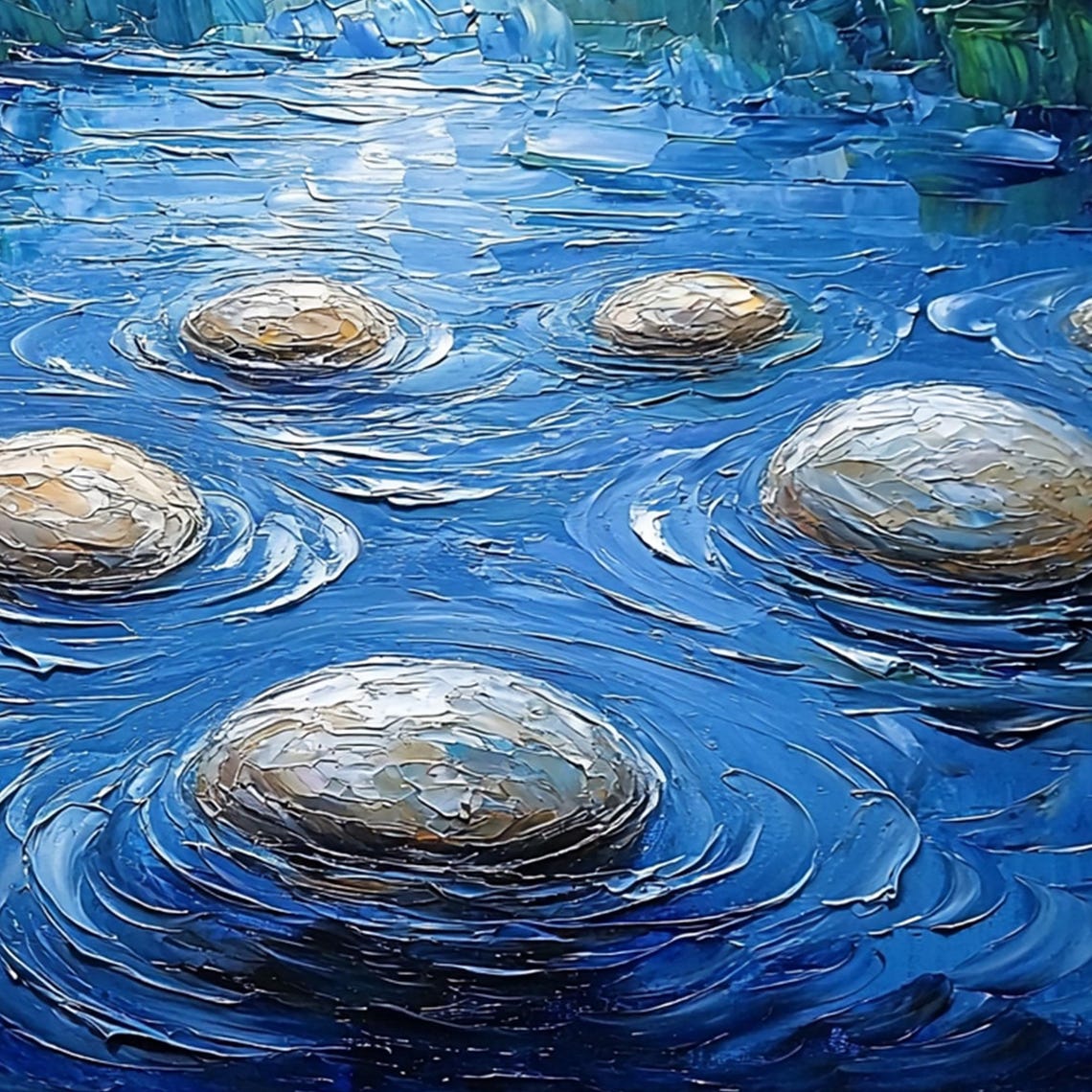 Smooth Round Stones Rising From Swirling Cobalt Blue Sea Poster - Image 4