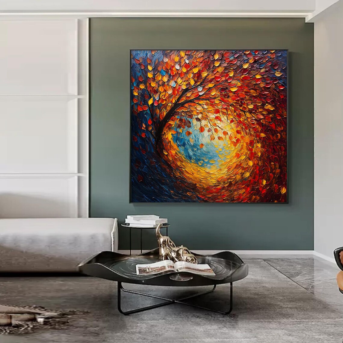Swirling Autumn Tree Spiral of Red Orange Leaves on Blue Wall Art - Image 2
