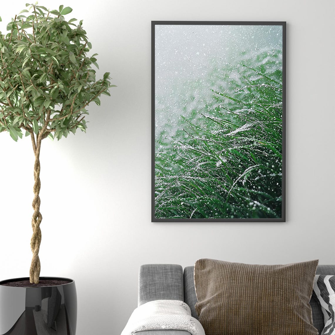 Falling Snow Dusting Lush Green Grass Close Up Winter Wall Art - Image 4