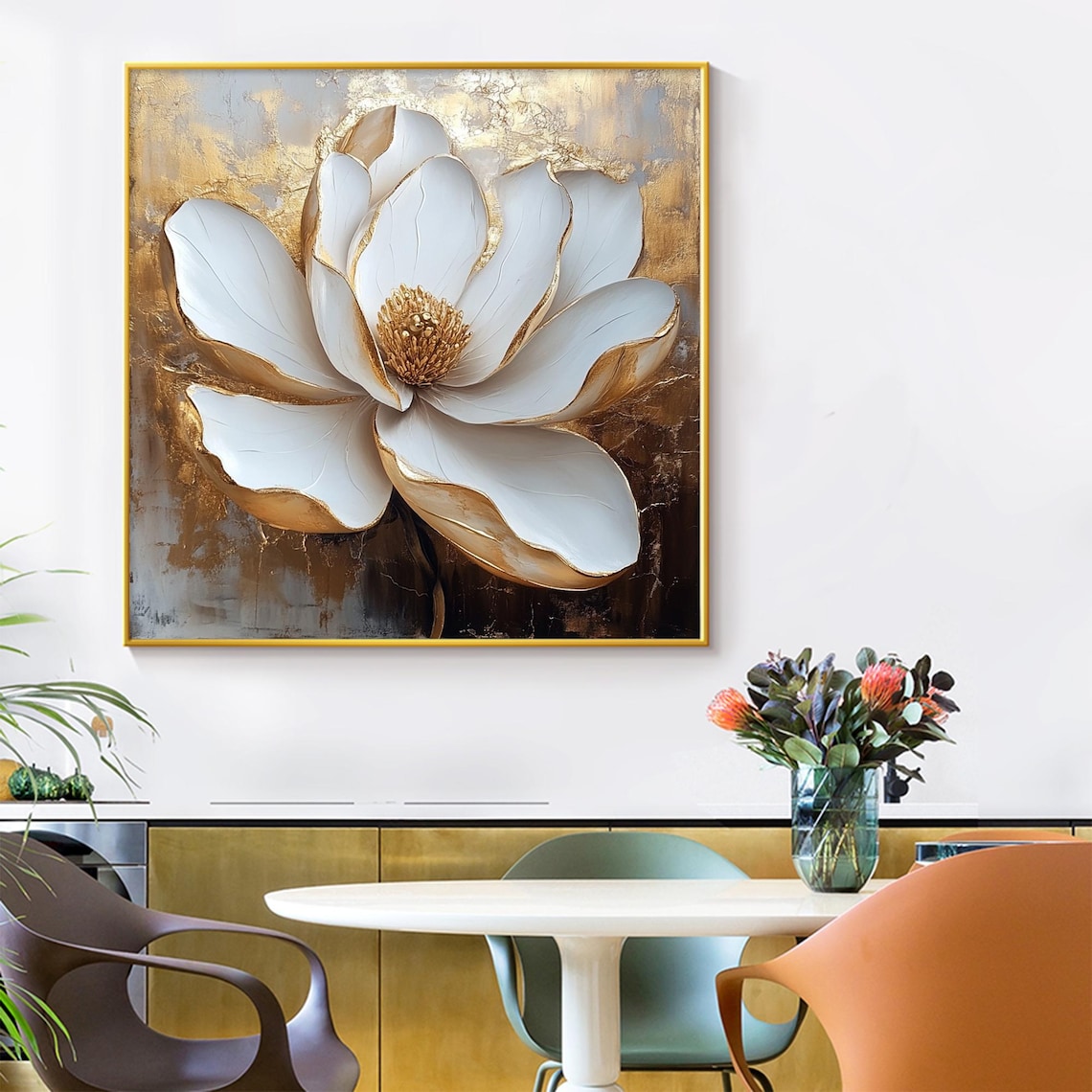 White Flower Oil Painting, White And Gold Art Print - Image 3
