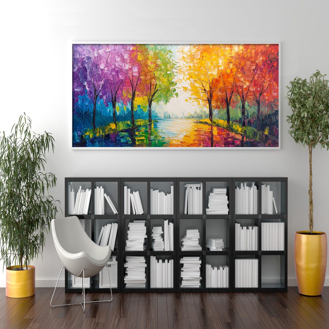 Rainbow Trees Avenue with Reflecting Path Colorful Landscape Wall Art - Image 2