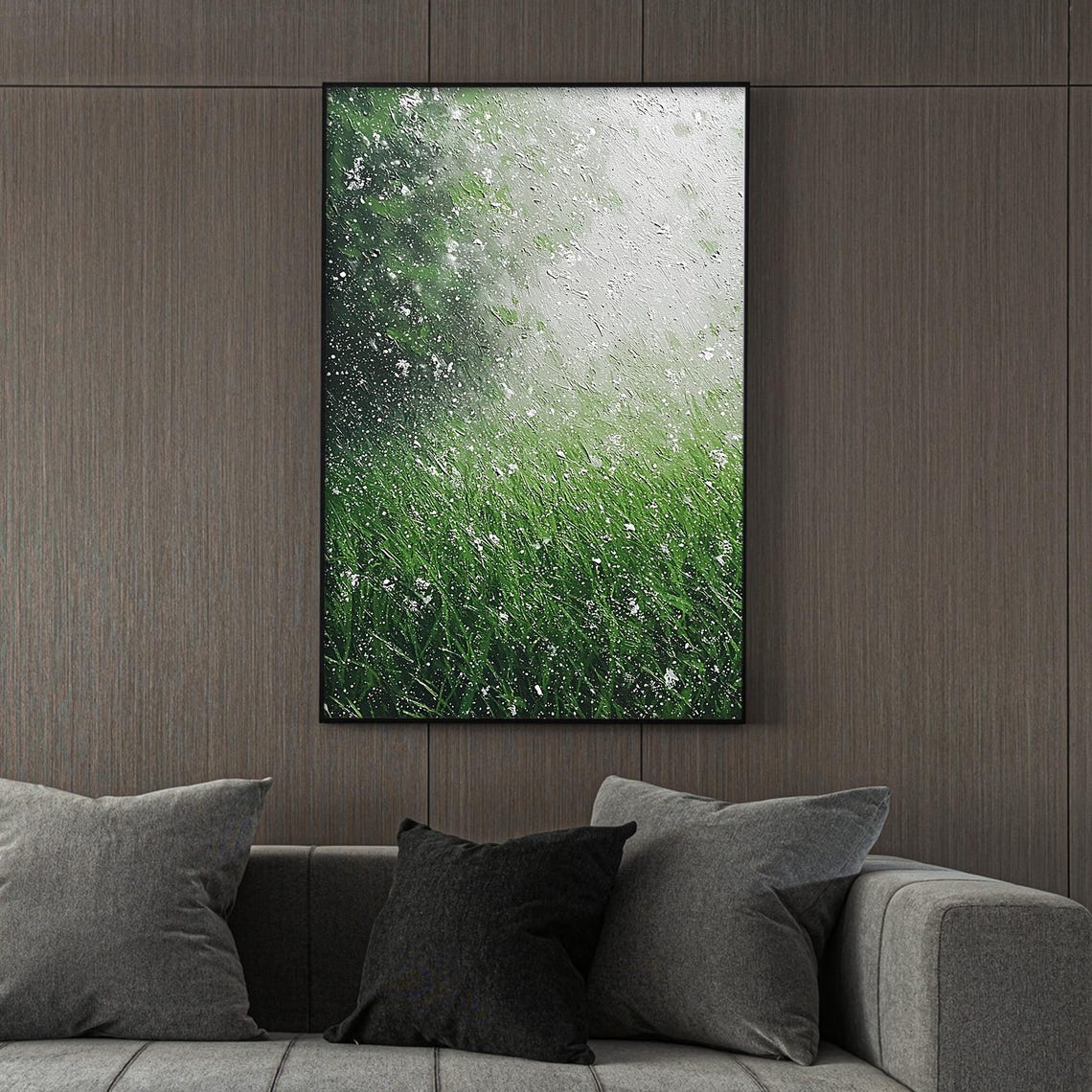 Snowy Green Grass Field Dissolving into Winter Mist Nature Wall Art - Image 2