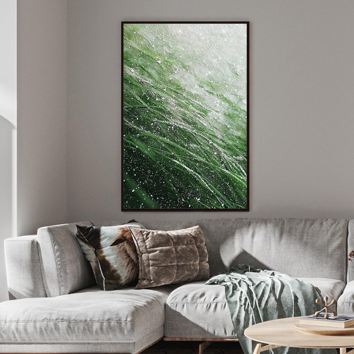 Green Grass Blades Bending Under Falling Snow Winter Nature Wall Art - Image 5