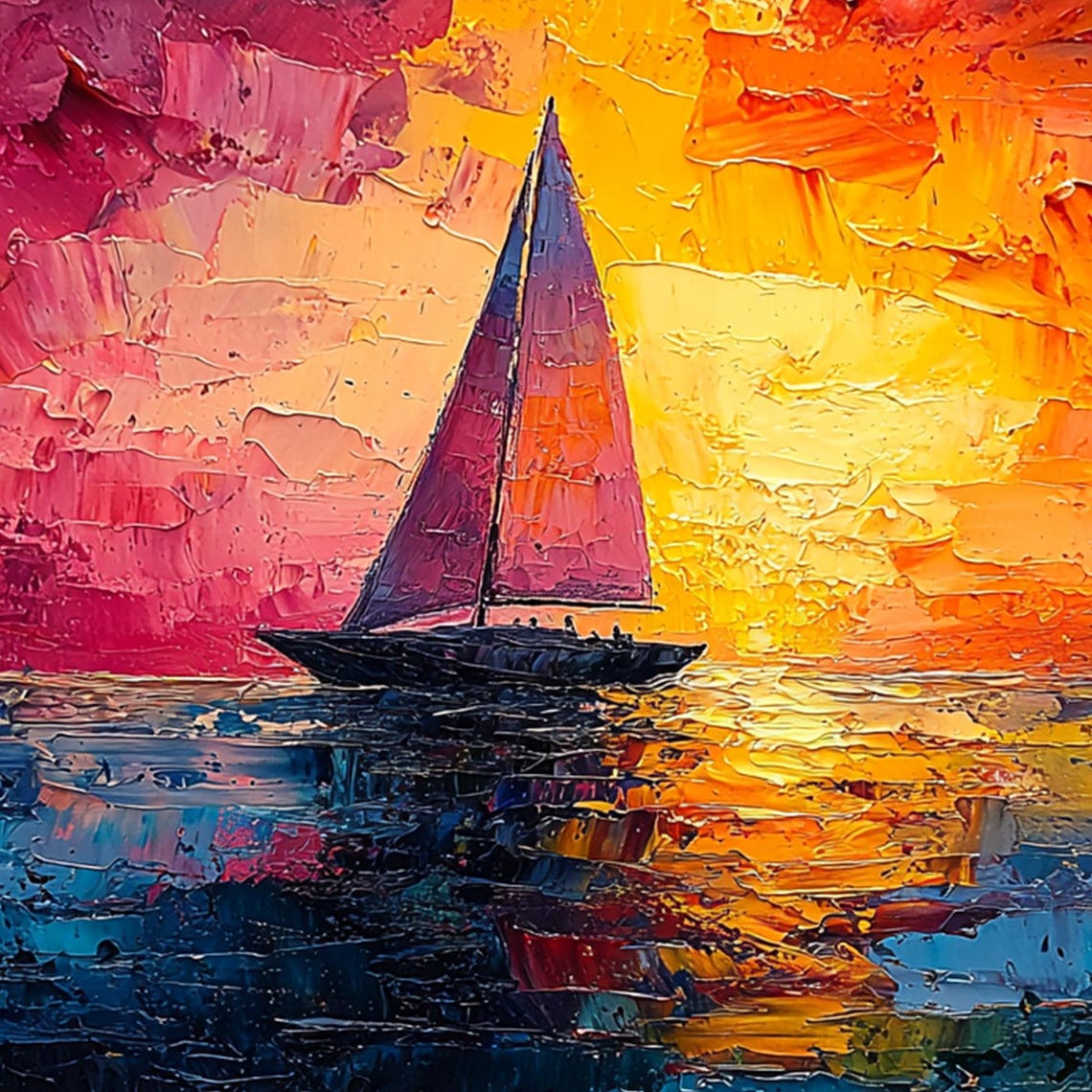 Original Nautical Sailboat Oil Painting On Abstract Sunset Painting Large Wall Art Custom Minimalist Painting Living Room Home Decor - Image 3