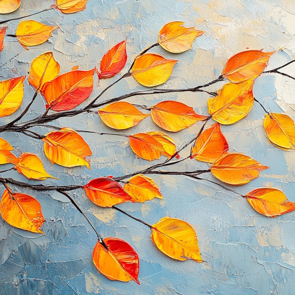 Autumn Orange Leaves on Dark Branch Against Blue Textured Wall Art - Image 4