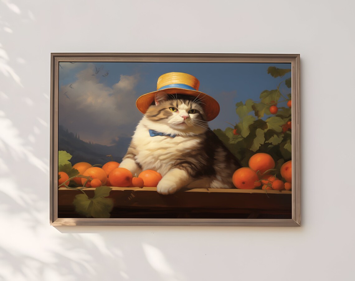Garden Cat With Oranges Wearing Straw Hat Whimsical Art Print