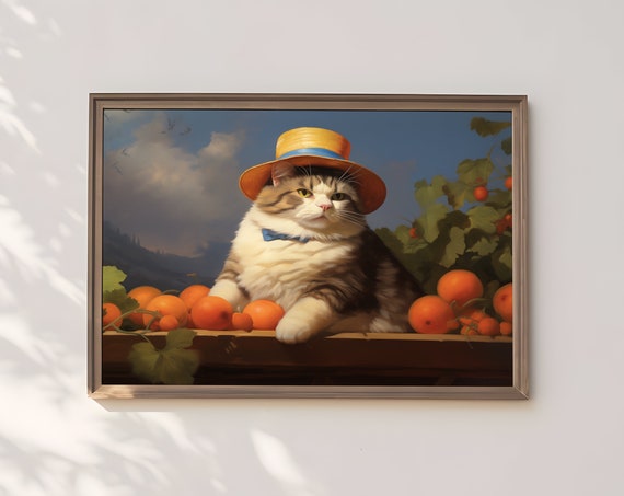 Garden Cat With Oranges Wearing Straw Hat Whimsical Art Print