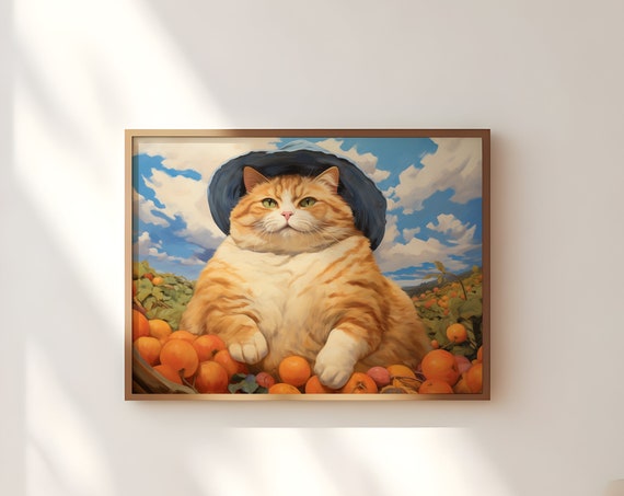 Chubby Orange Cat In Blue Hat Sunny Citrus Orchard Funny Wall Art