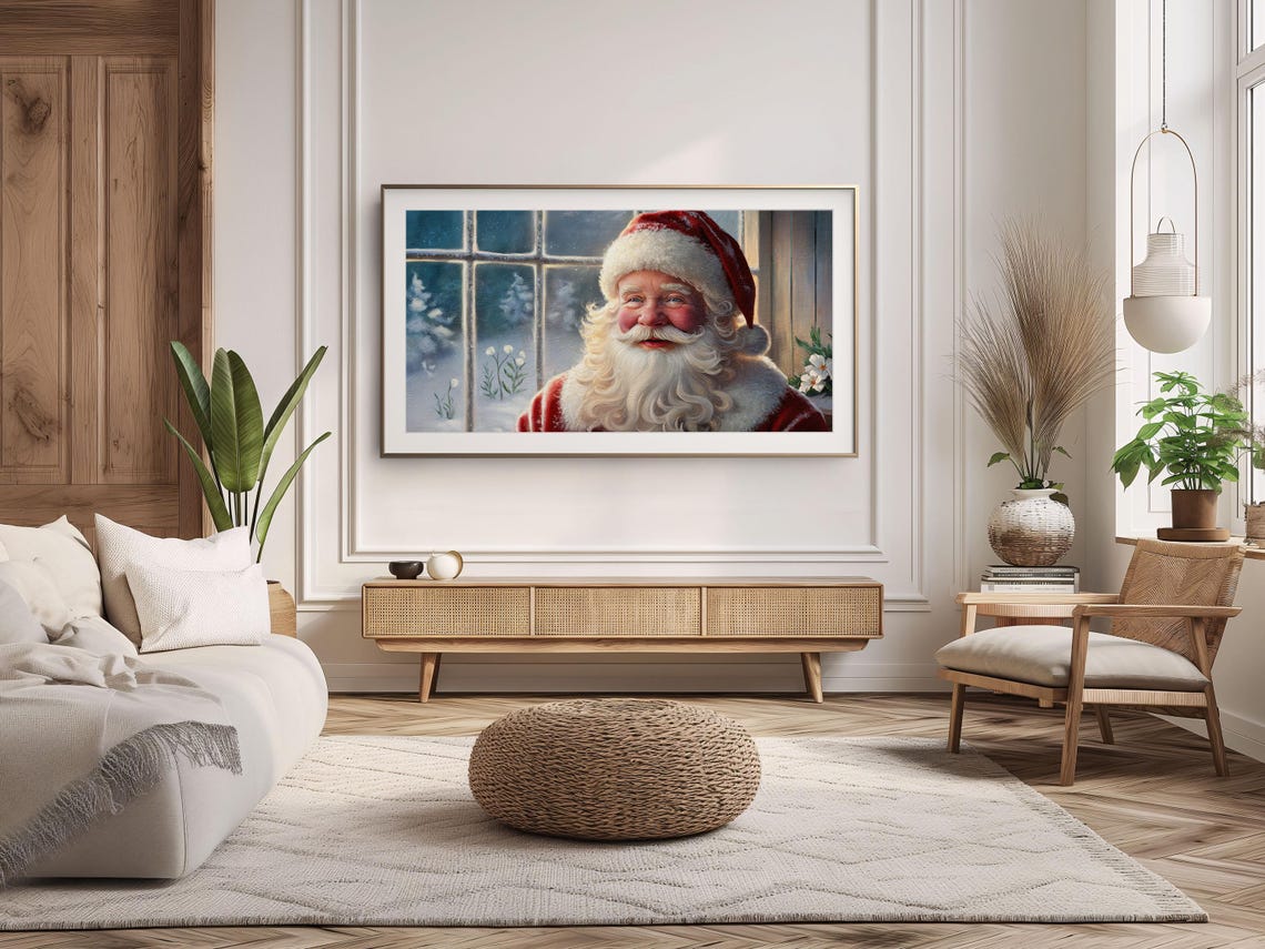 Vintage Santa Claus Portrait Snowy Window Nostalgic Christmas Poster - Image 4