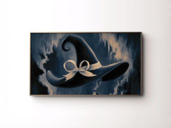 Black Witch Hat Cream Bow Dark Moody Navy Halloween Witchy Art Poster